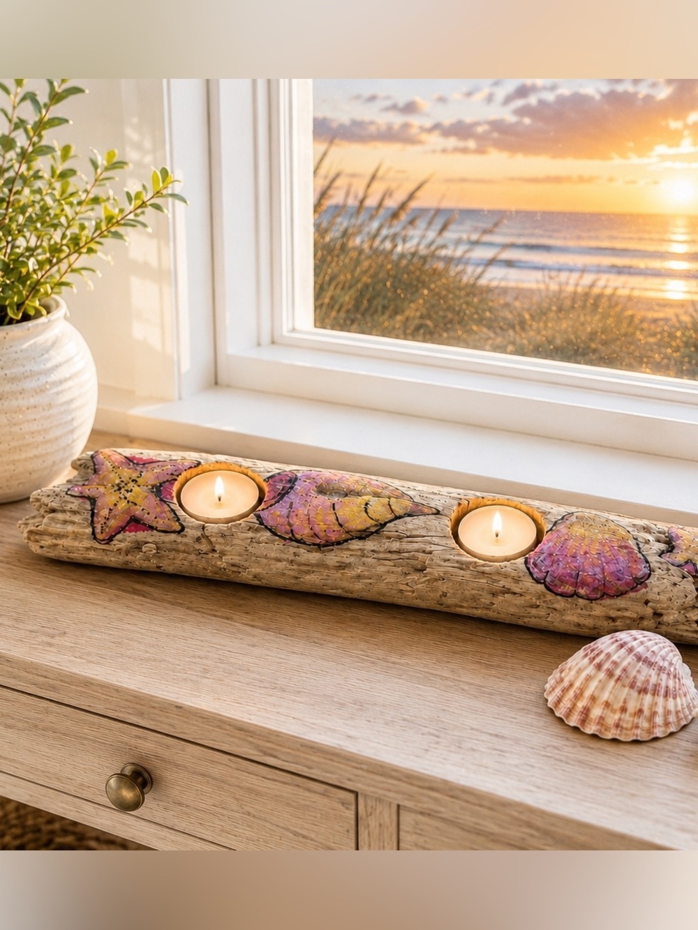🆕Hand-Painted Driftwood Tea Light Holder with Pink Shells